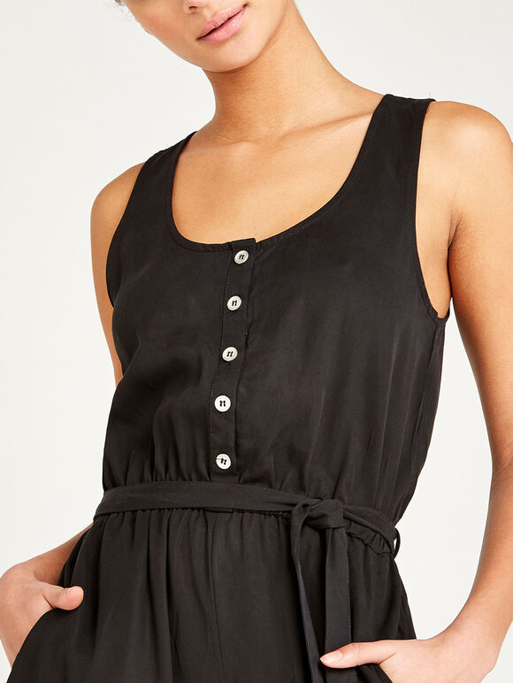 Sleeveless Button Down Jumpsuit, Black, large