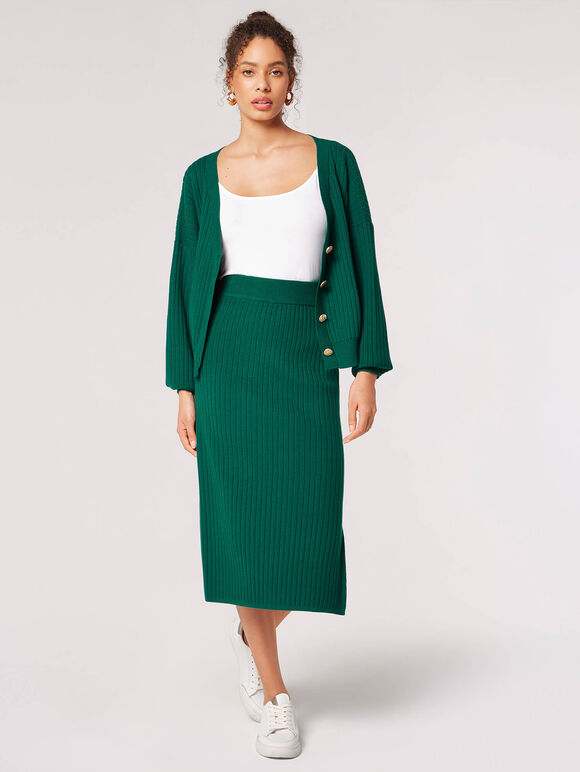 Ribbed Knit Midi Skirt, Green, large