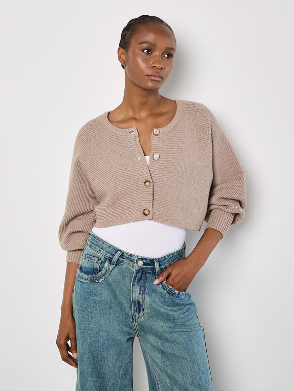 Ribbed Knit Cropped Cardigan, Brown, large