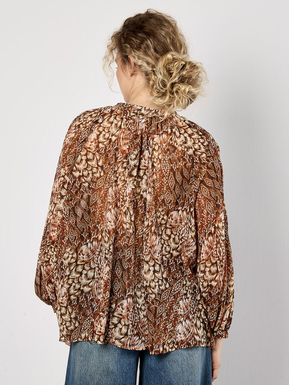 Patchwork Feather Print Chiffon Top, Red, large
