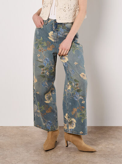 Floral Print Wide-Leg Jeans