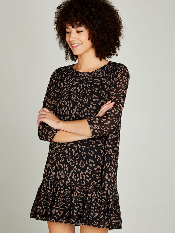 Black Leopard Chiffon Ruffle Hem Dress, Black, large