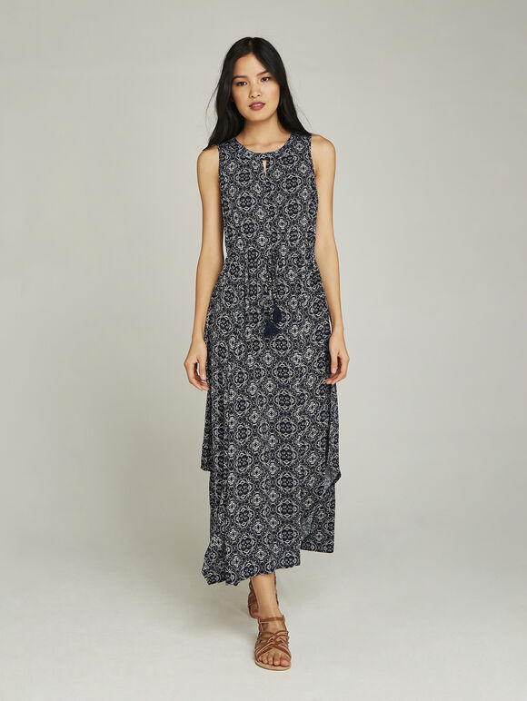 Navy Mosaic Tile Hanky Hem Maxi, Navy, large