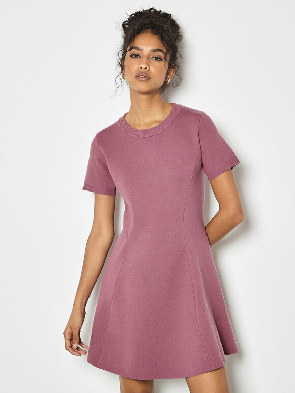Panel Knitted A-Line Mini Dress, Pink, large