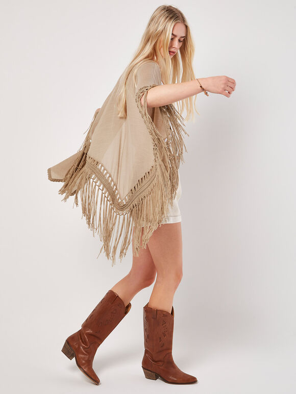 Slub Shimmer Fringe Cover-Up Cardigan, Stone, large