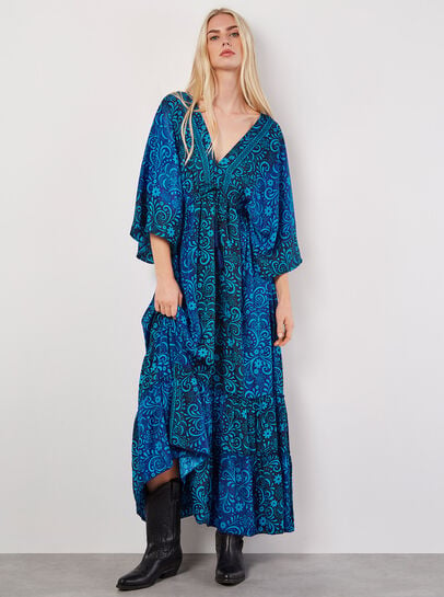 Floral Satin Kimono Kaftan Maxi Dress