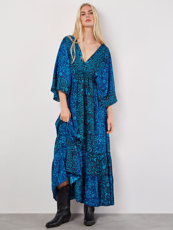 Floral Satin Kimono Maxi Dress, Navy, large