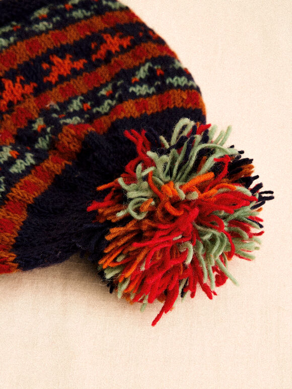 Hand-Knitted Stripe Beanie Hat, Navy, large