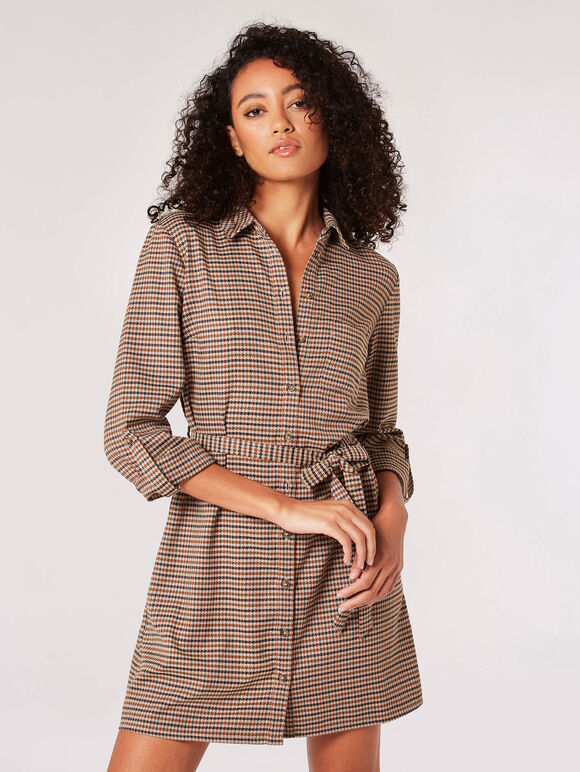 Check Shirt Mini Dress, Brown, large