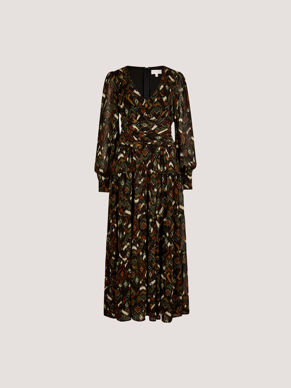 Ikat Chiffon Tiered Maxi Dress, Khaki, large