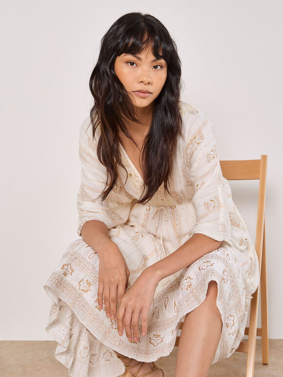 Gold Foil Paisley Midi Dress, Cream, large