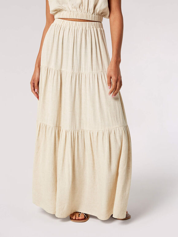 Linen Blend Tiered Maxi Skirt, Stone, large