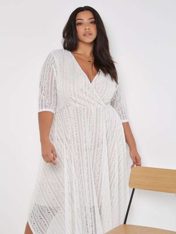 Curve Lace Wrap Midi Dress, Cream, large