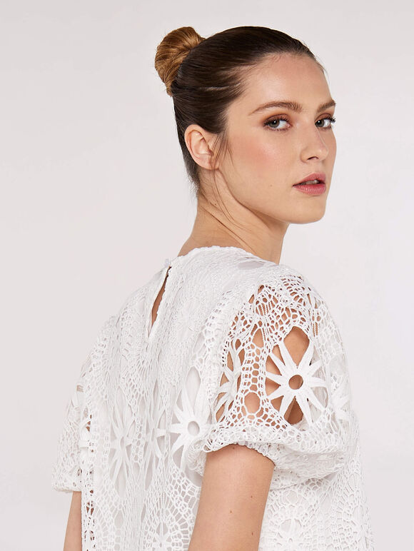 Lace Puff SleeveTop, White, large