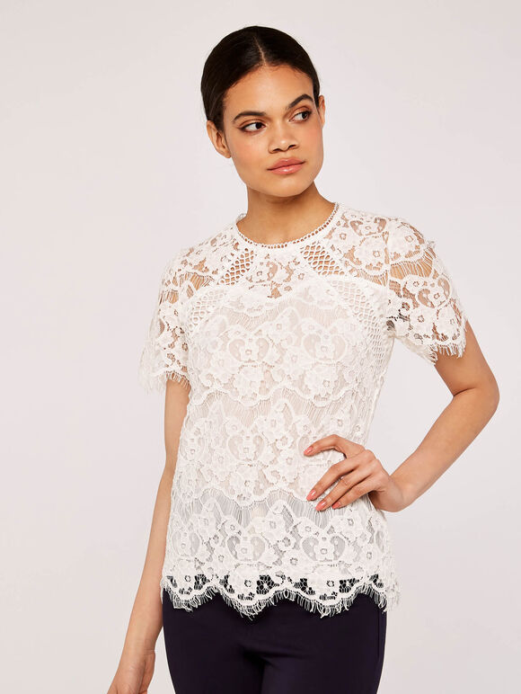  Lace Scallop Edge Top, White, large