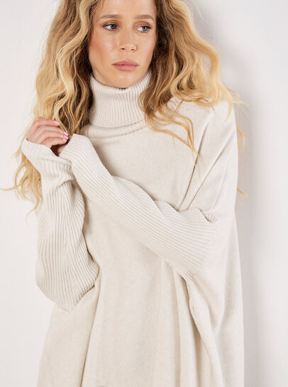 Roll Neck Fringe Poncho Jumper