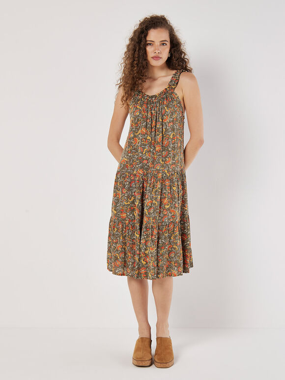 Paisley Floral Swing Mini Dress, Khaki, large