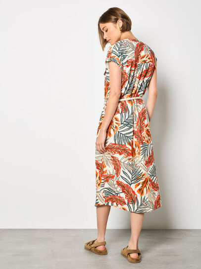 Tropical Leaf Linen Blend Shirt Midi Dress