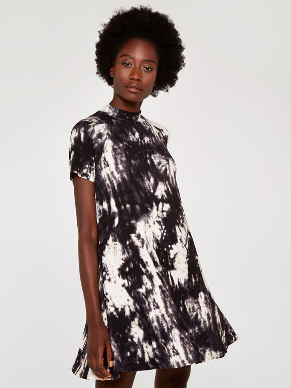Tie Dye Jersey Mock Neck Dress, Dark Grey - Charcoal, large