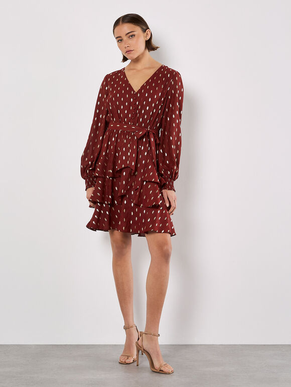 Gold Foil Spot Tiered Mini Dress, Burgundy, large