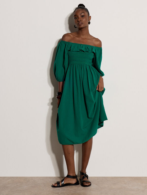 Ruffle Milkmaid Midi Dress, Green, large