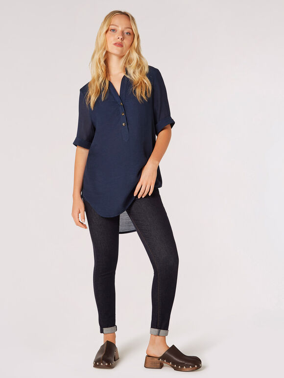 Slub Shimmer Relaxed Blouse, Navy, large