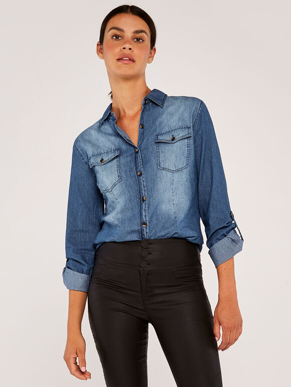 2 Pocket Denim Shirt, Navy, large