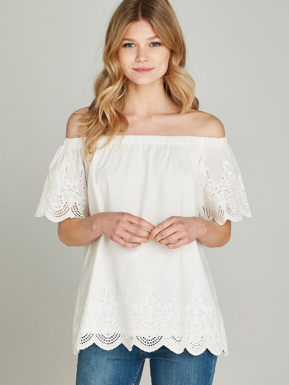Cream Bardot Lace Trim Top, Cream, large