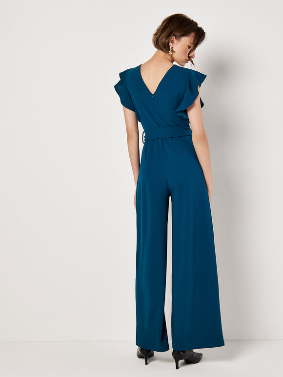 Ruffle Sleeve Jersey Jumpsuit, Teal, large