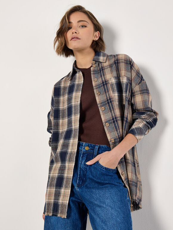 Mixed Check Oversized Shirt, Navy, large