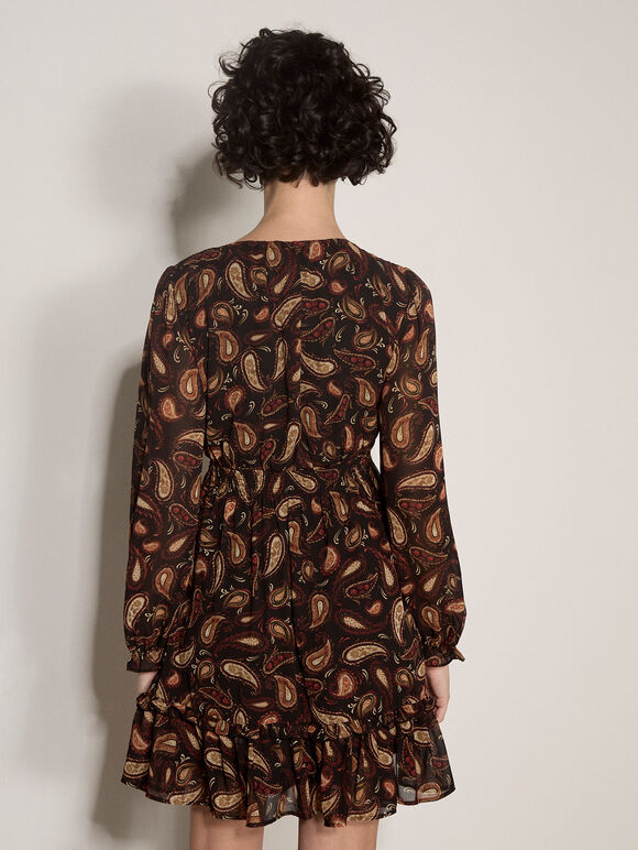 Chiffon Ruffle Paisley Mini Dress, Black, large