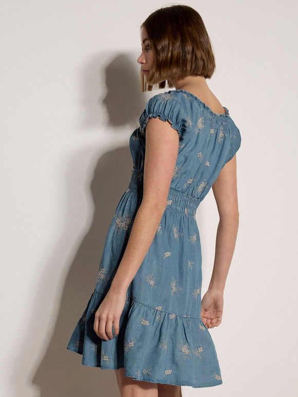 Denim Floral Embroidered Mini Dress, Blue, large