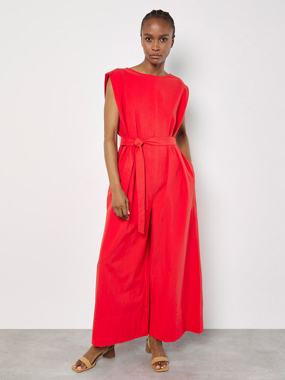 Wide Leg Cotton Jumpsuit, Red, large