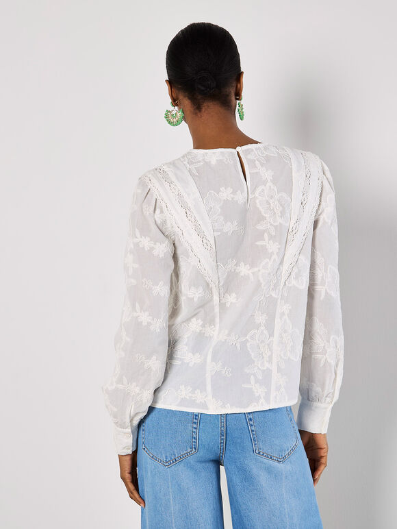 Cotton Embroidered Ruffle Shirt, White, large