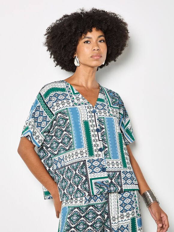 Folk Patchwork Blouse, Blue, large