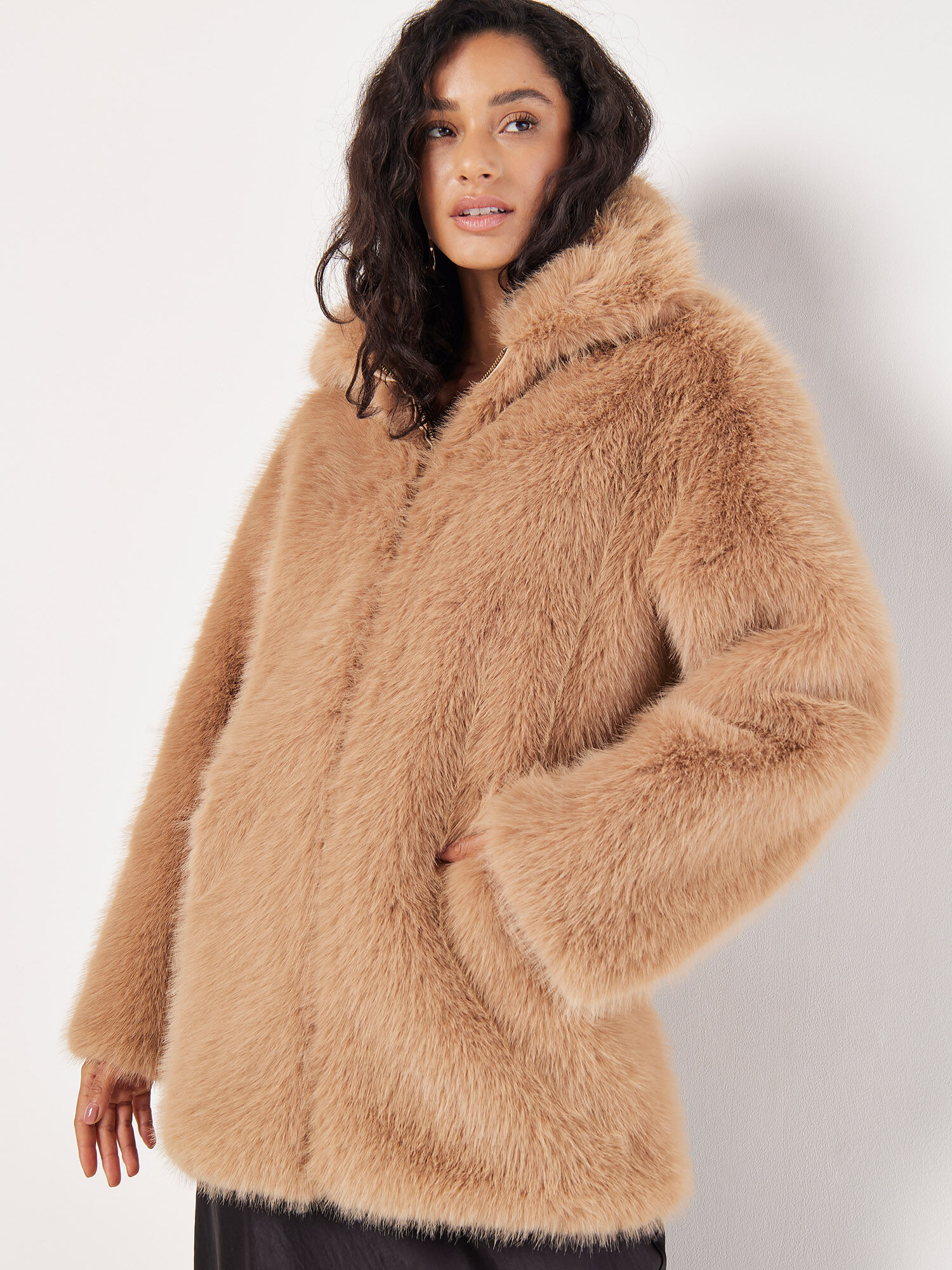 Soft Faux Fur Zipped Jacket Apricot Clothing