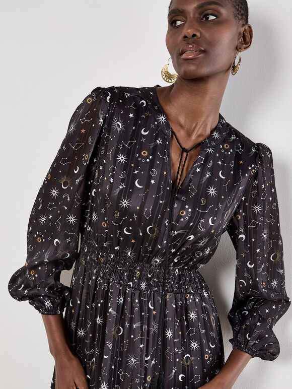 Constellation Shimmer Satin Midaxi Dress, Black, large