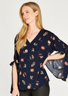 Long Tie Sleeve Floral Print Top, Navy, large
