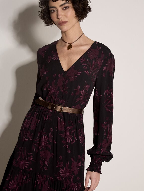 Floral Crepe Midi Dress, Burgundy, large