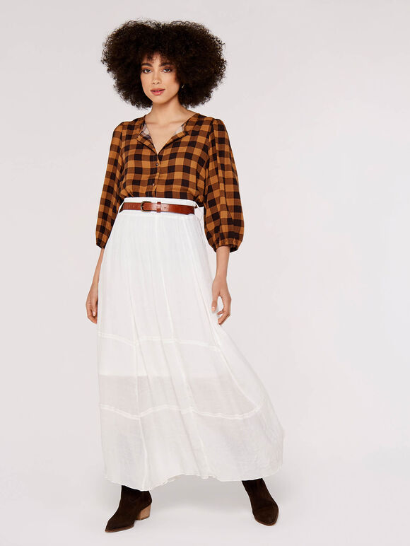 Gingham Check Balloon Sleeve Blouse, Brown, large