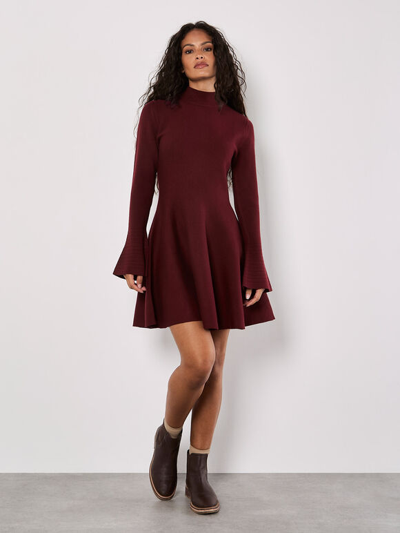 Bell Sleeve Knitted Skater Mini Dress, Burgundy, large