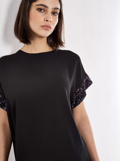 Sequin Trim Chiffon Layered T-Shirt