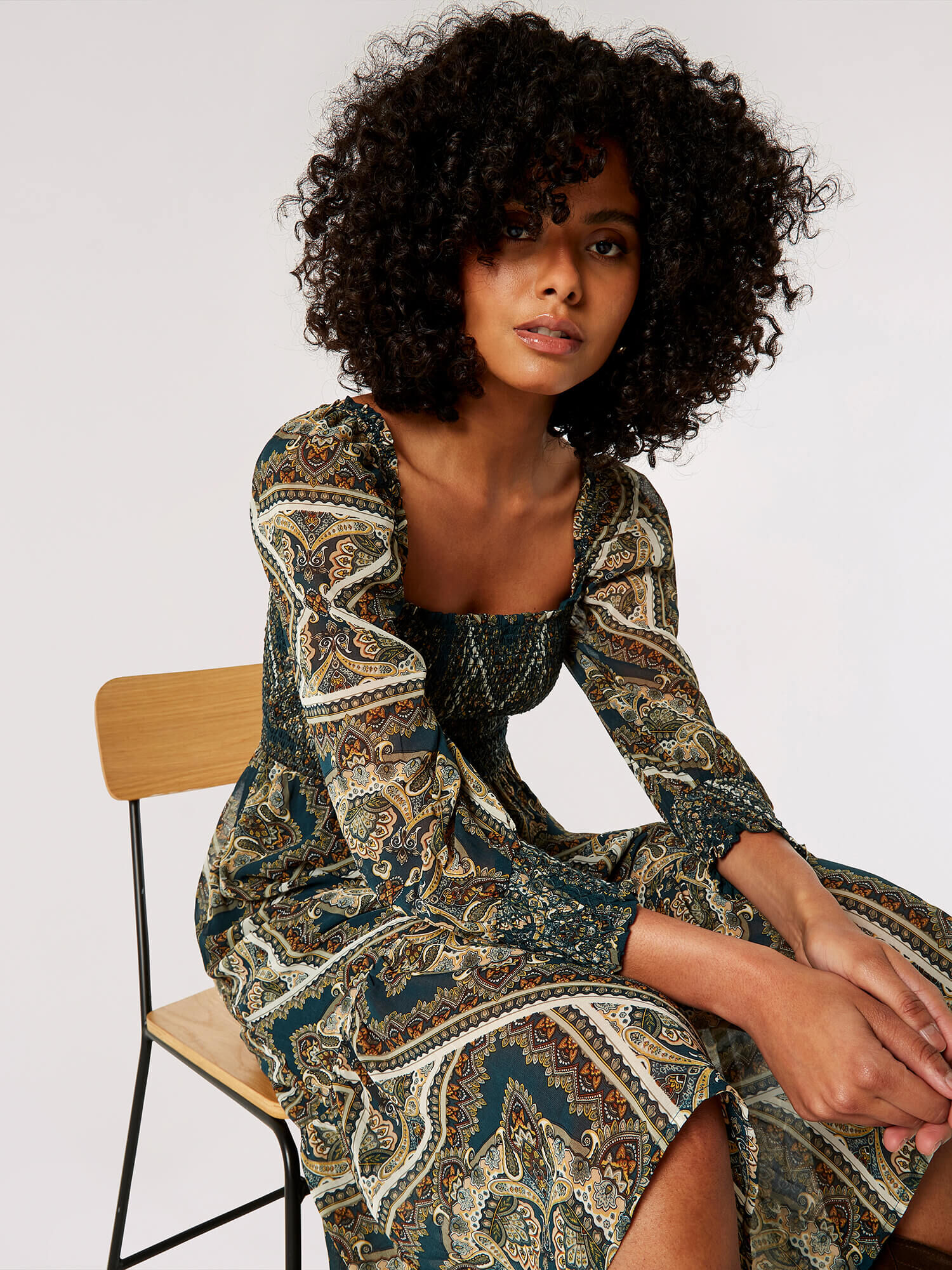 Scarf Print Milkmaid Midi Dress Apricot Clothing