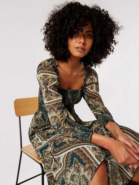 Scarf Print Milkmaid Midi Dress, Green, large