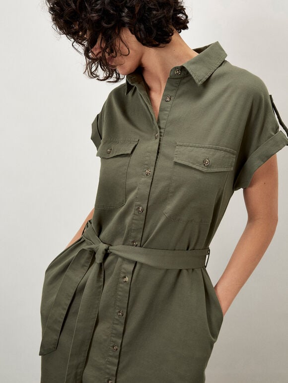 Cotton Slub Midi Shirt Dress, Khaki, large