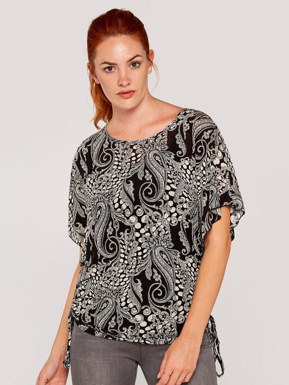 Psychedelic Tie Side Batwing Top, Black, large