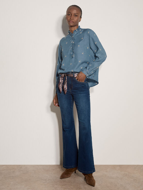 Ditsy Floral Embroidered Denim Blouse, Blue, large