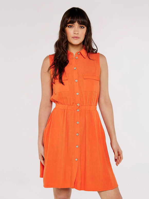 Sleeveless Shirt Mini Dress, Orange, large