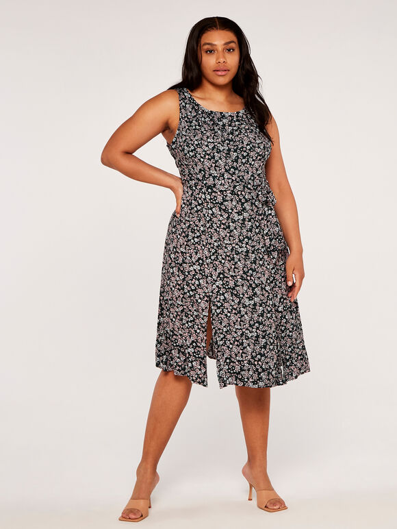Curve Floral Pleat Slits Midi Dress, Green, large