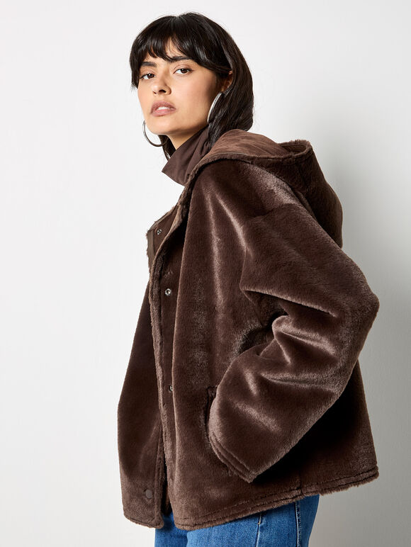 Reversible Faux Fur Suede Jacket, Brown, large